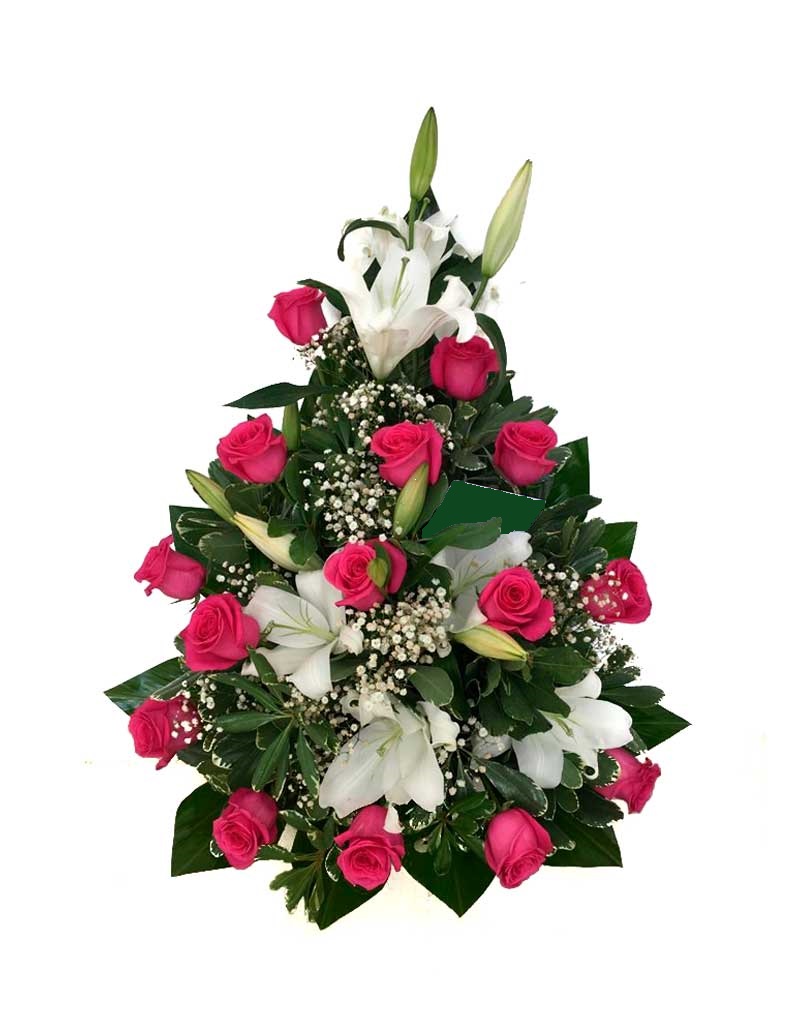 Foto de Arreglo Floral con Rosas Rojas o Rosadas y Lilium blanco